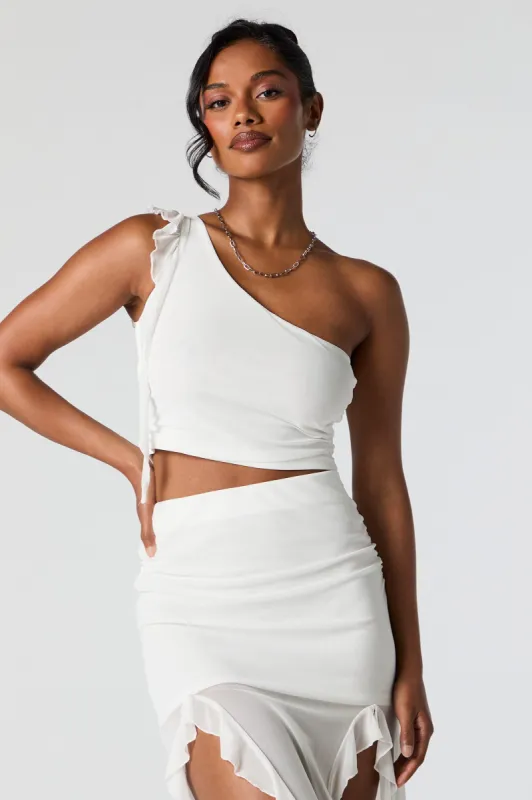 Mesh One Shoulder Ruffle Crop Top sold by Urban Planet