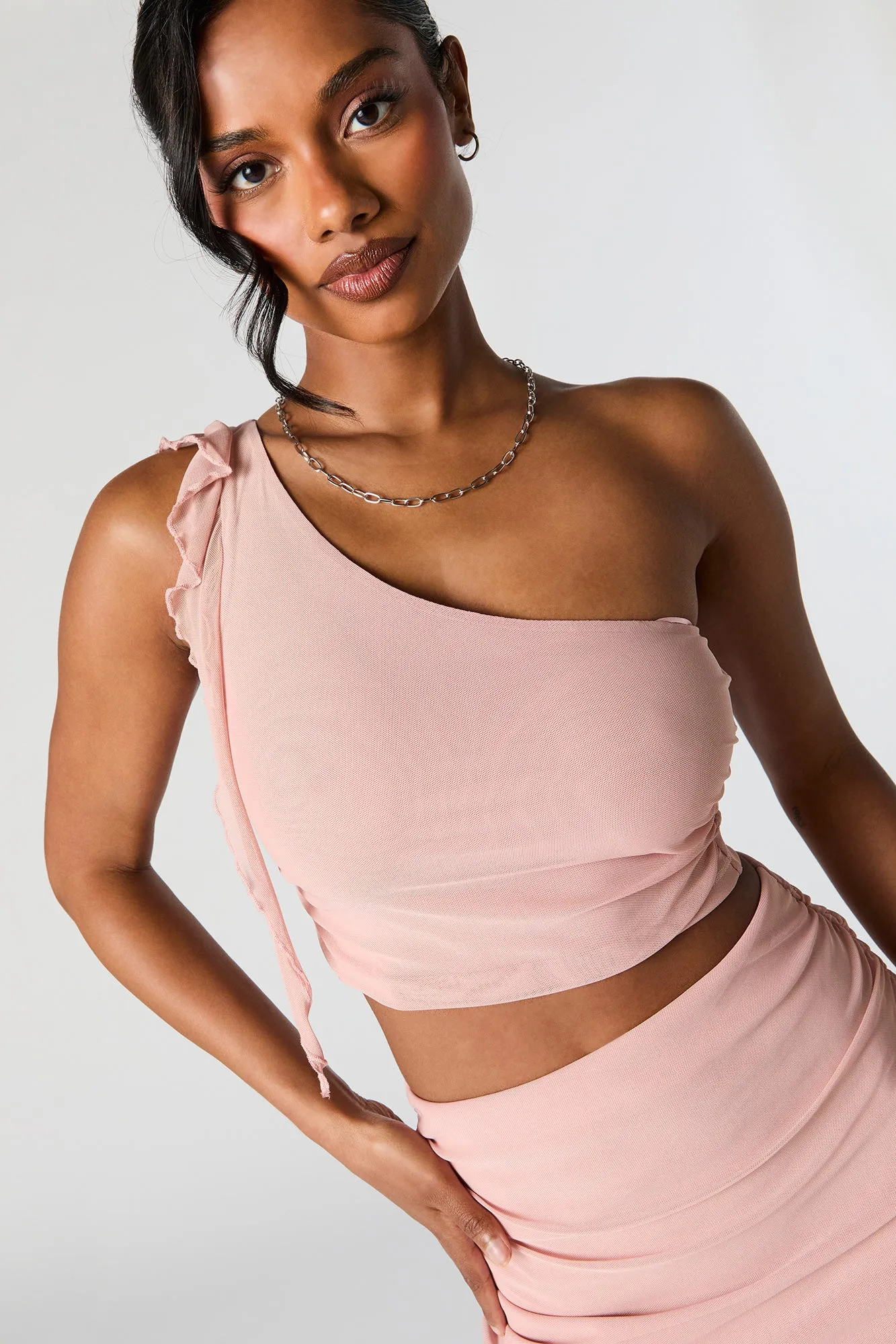Mesh One Shoulder Ruffle Crop Top sold by Urban Planet product image thumbnail 4