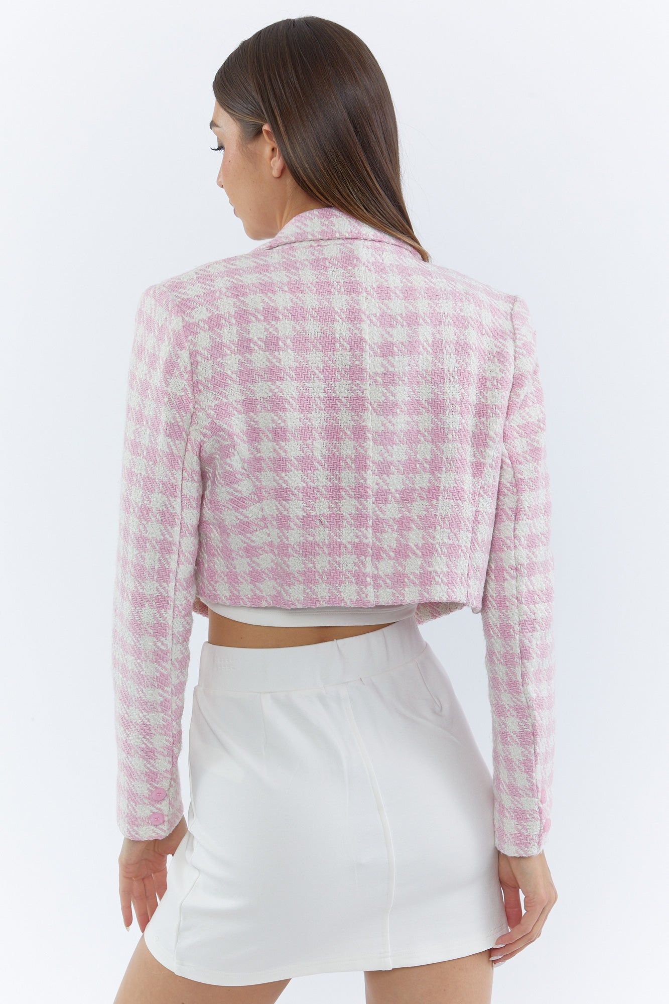 Pink Tweed Houndstooth Cropped Blazer sold by Urban Planet product image thumbnail 2