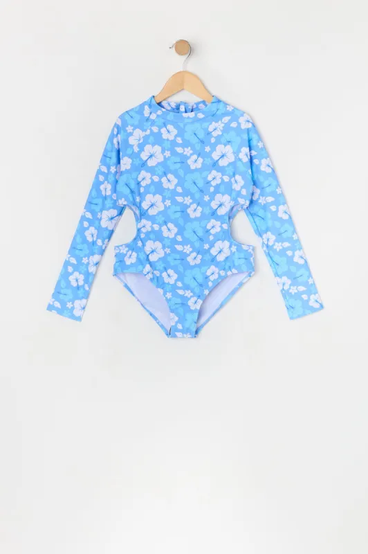 Girls Floral Print Long Sleeve One Piece Swimsuit with built-in cups sold by Urban Planet