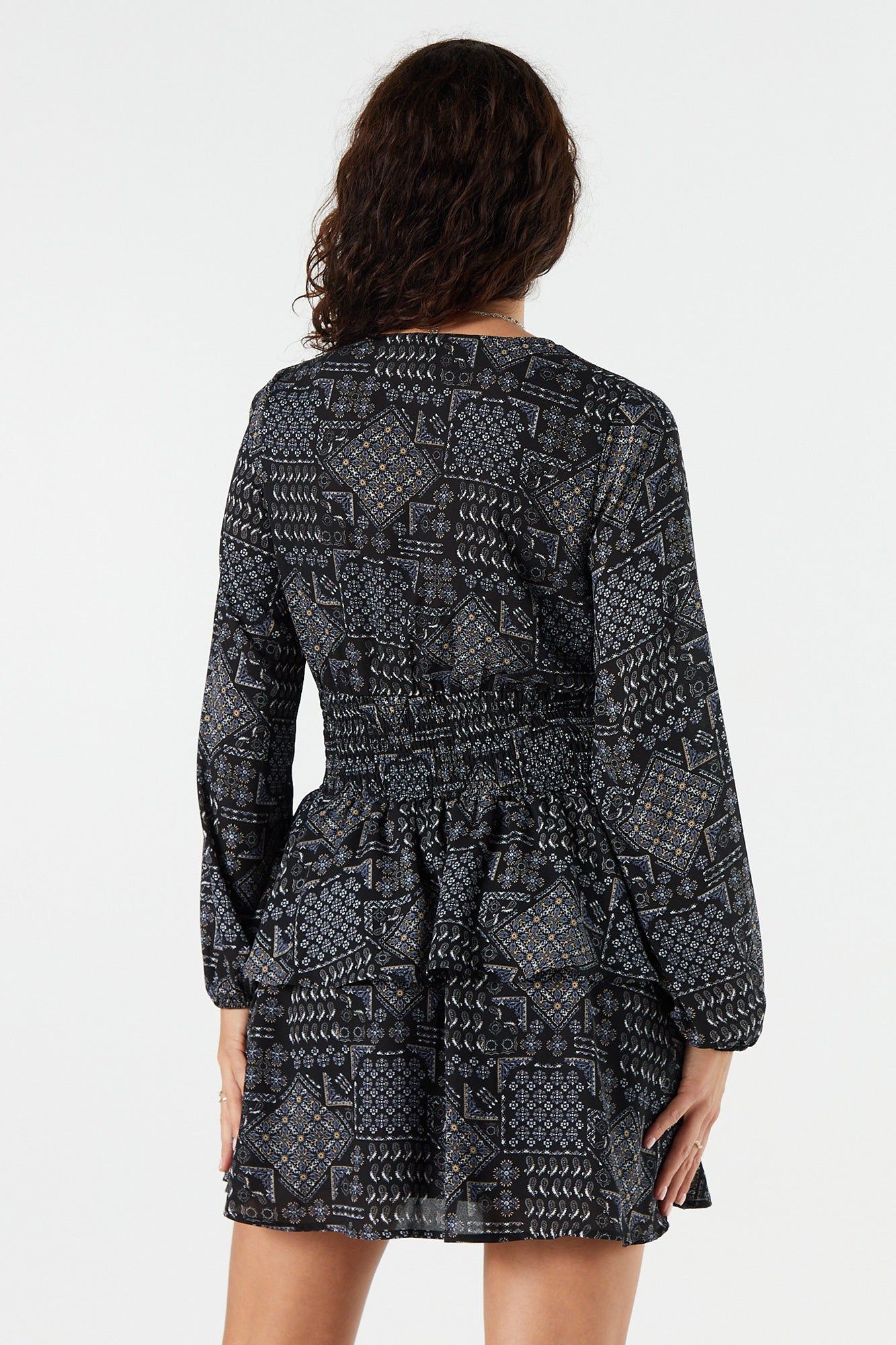 Printed Long Sleeve Front Tie Tiered Dress sold by Urban Planet product image thumbnail 2