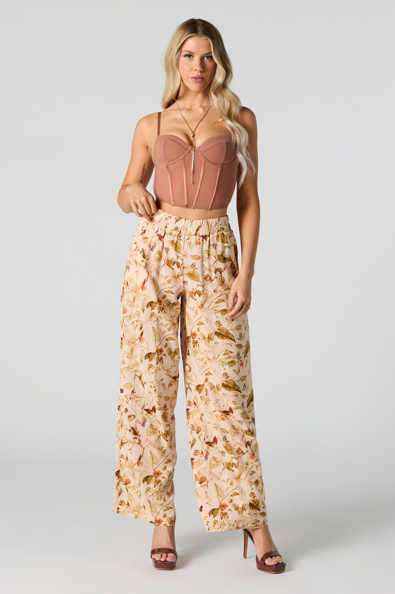 Tan Floral Wide Leg Pant sold by Urban Planet