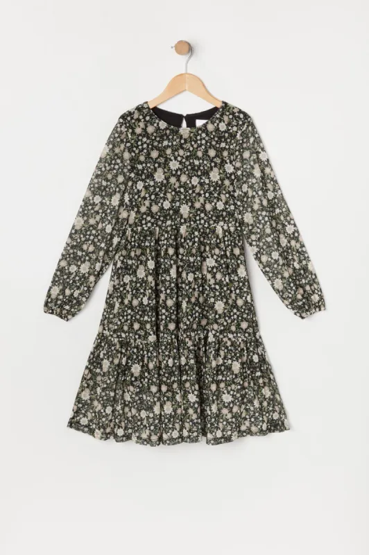 Girls Floral Long Sleeve Tiered Dress sold by Urban Planet