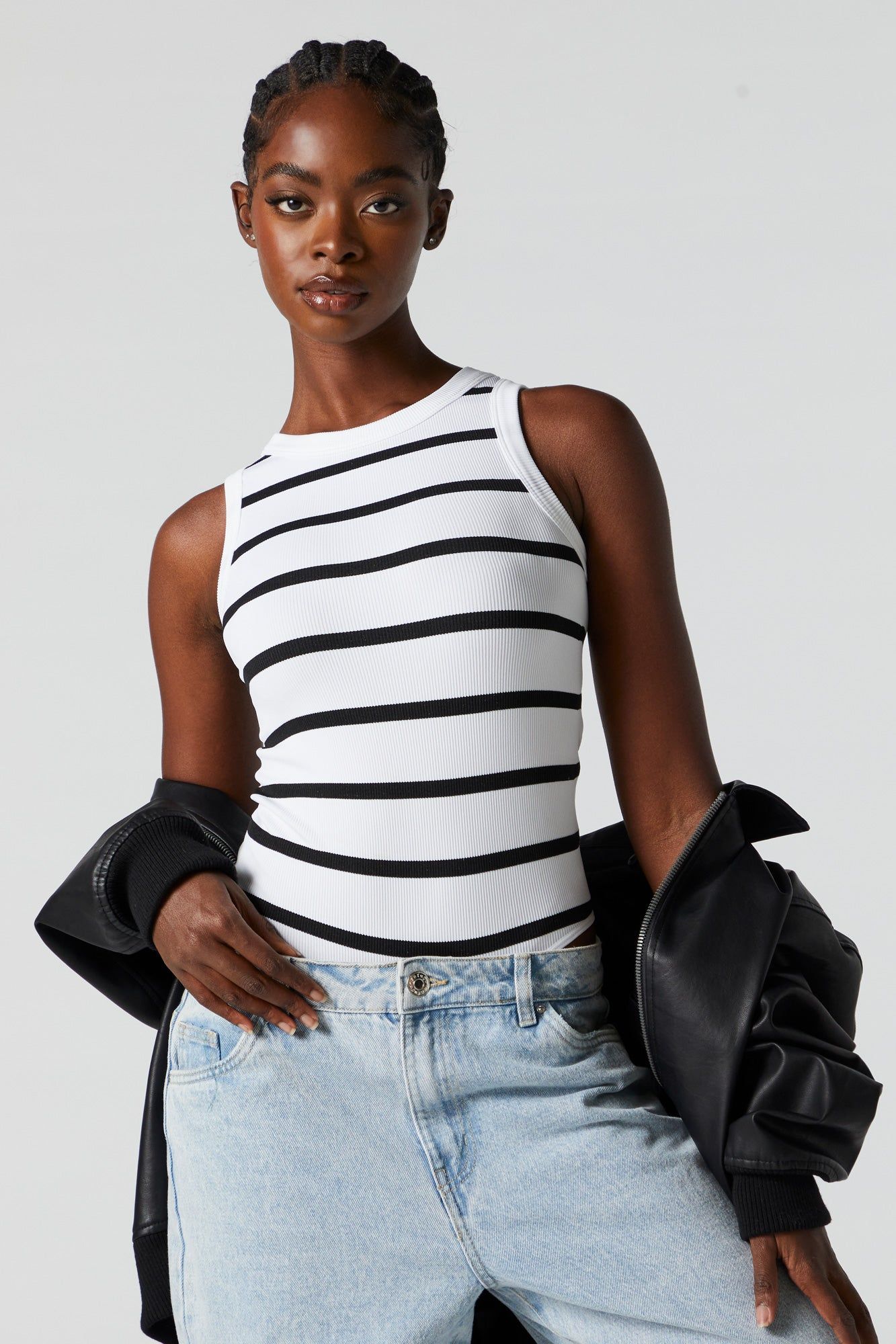 Striped Seamless Ribbed High Neck Bodysuit sold by Urban Planet