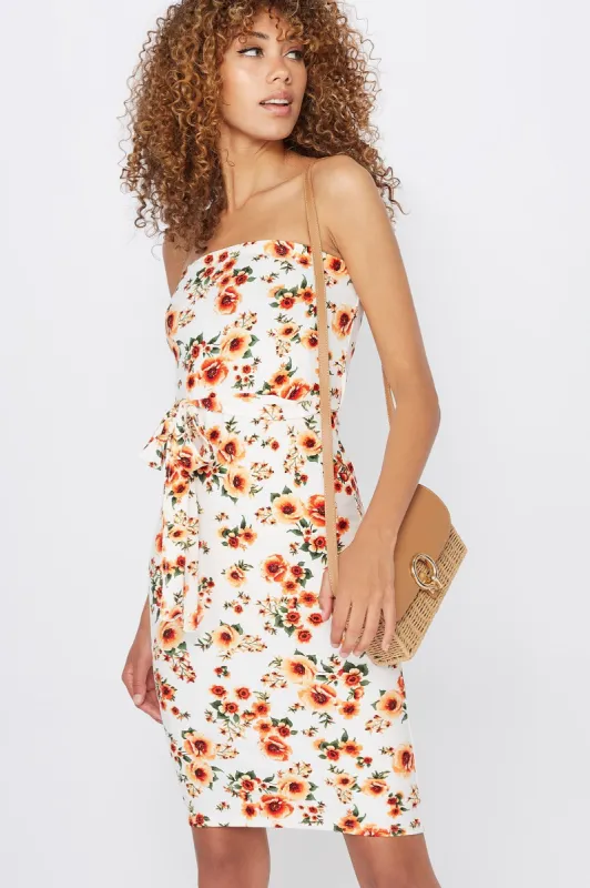 Soft Floral Self Belt Strapless Midi Dress sold by Urban Planet
