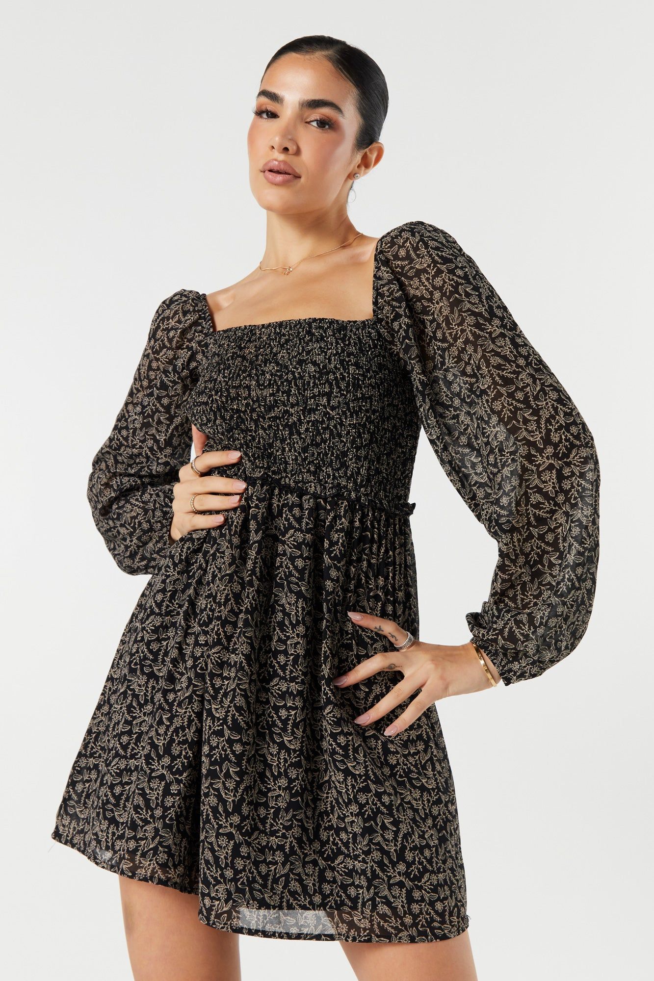 Floral Smocked Long Sleeve Mini Dress sold by Urban Planet product image thumbnail 2