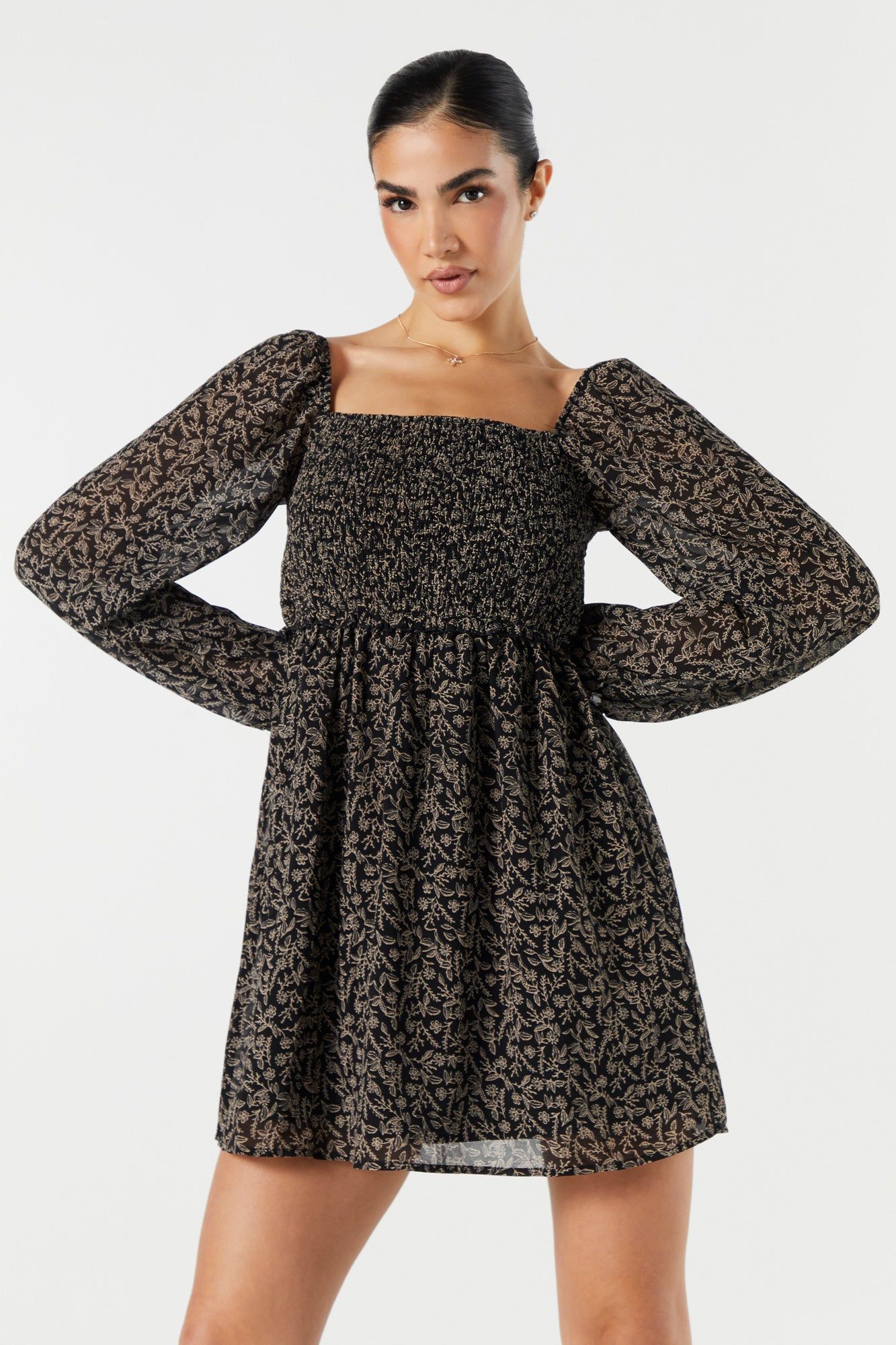 Floral Smocked Long Sleeve Mini Dress sold by Urban Planet