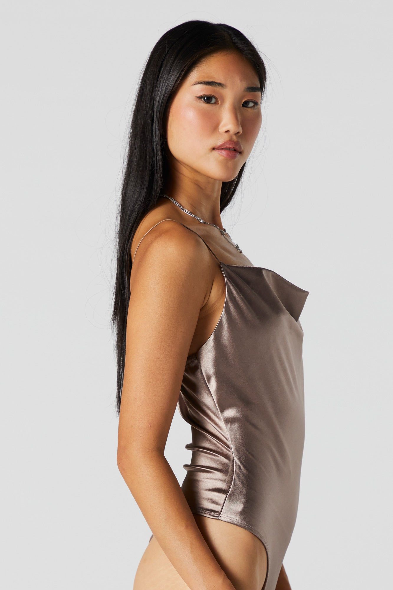 Brown Satin Cowl Neck Bodysuit sold by Urban Planet product image thumbnail 4