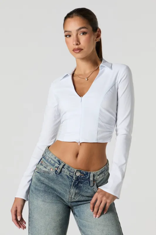 Zip-Up Collared Long Sleeve Crop Top sold by Urban Planet