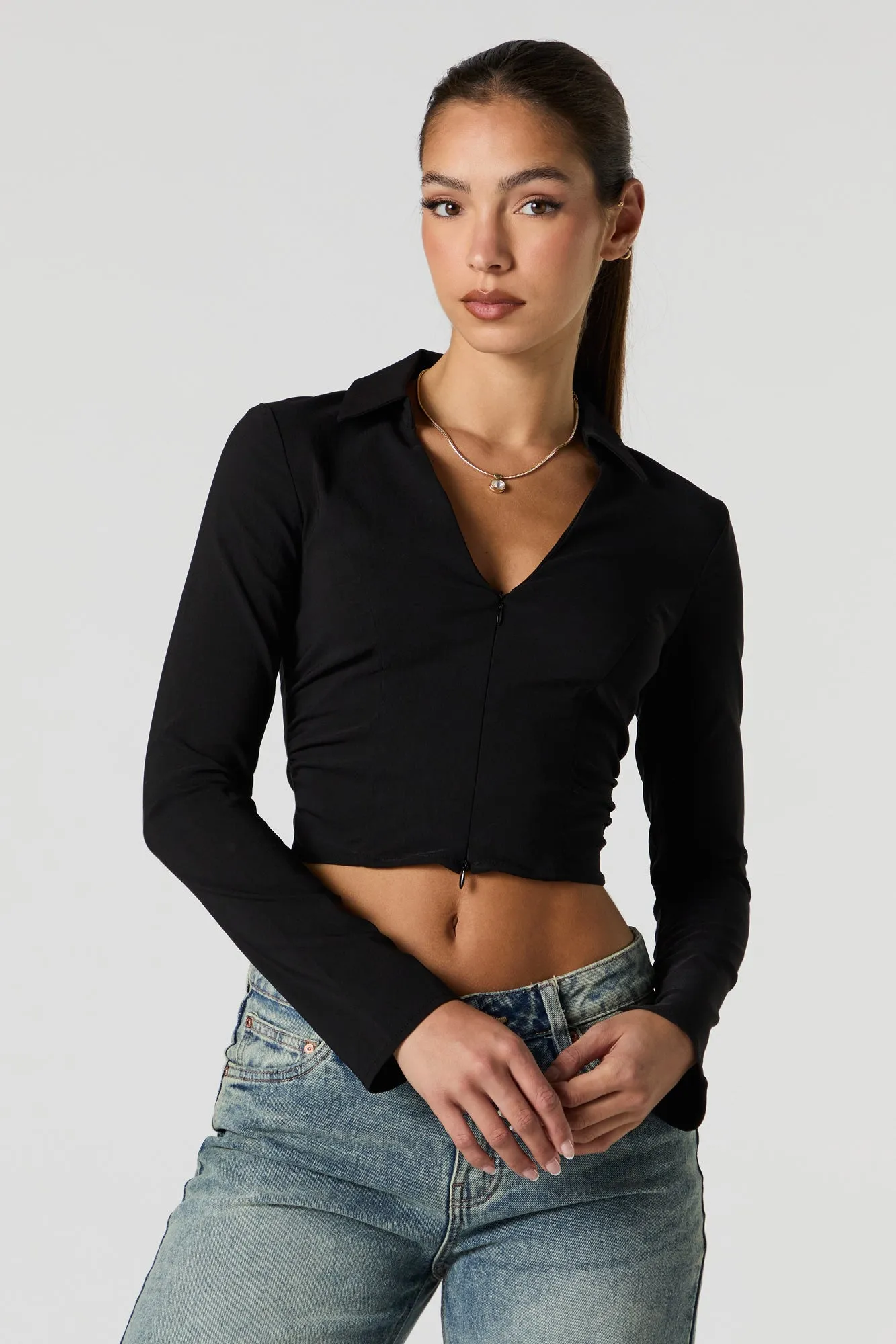 Zip-Up Collared Long Sleeve Crop Top sold by Urban Planet product image thumbnail 4