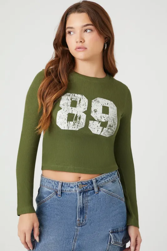 89 Graphic Ribbed Long Sleeve Top made by Forever 21