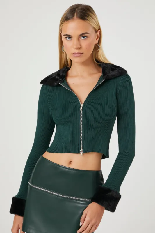 Faux Fur Trim Zip-Up Sweater sold by Urban Planet