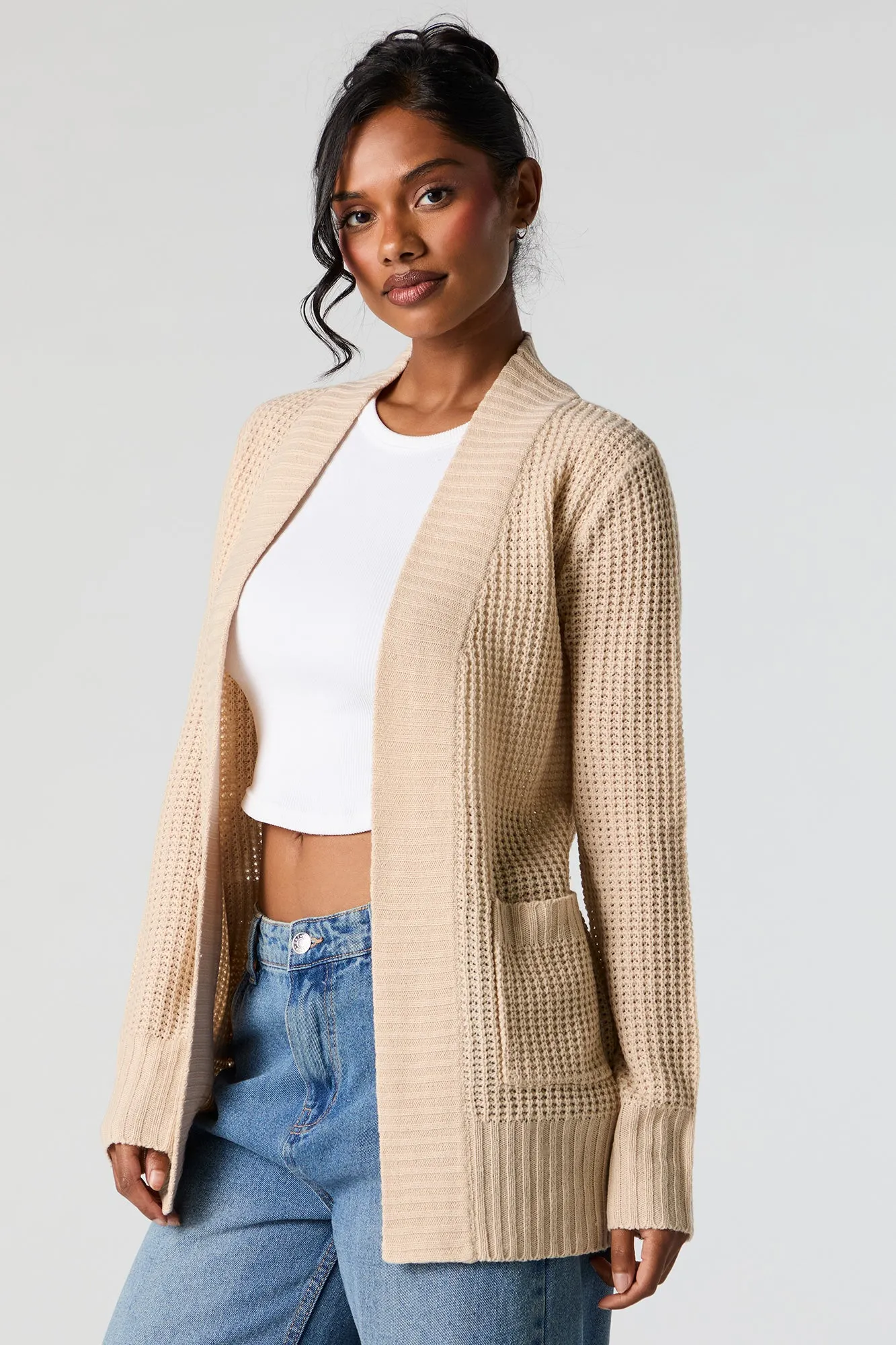 Waffle Knit Open Front Cardigan sold by Urban Planet