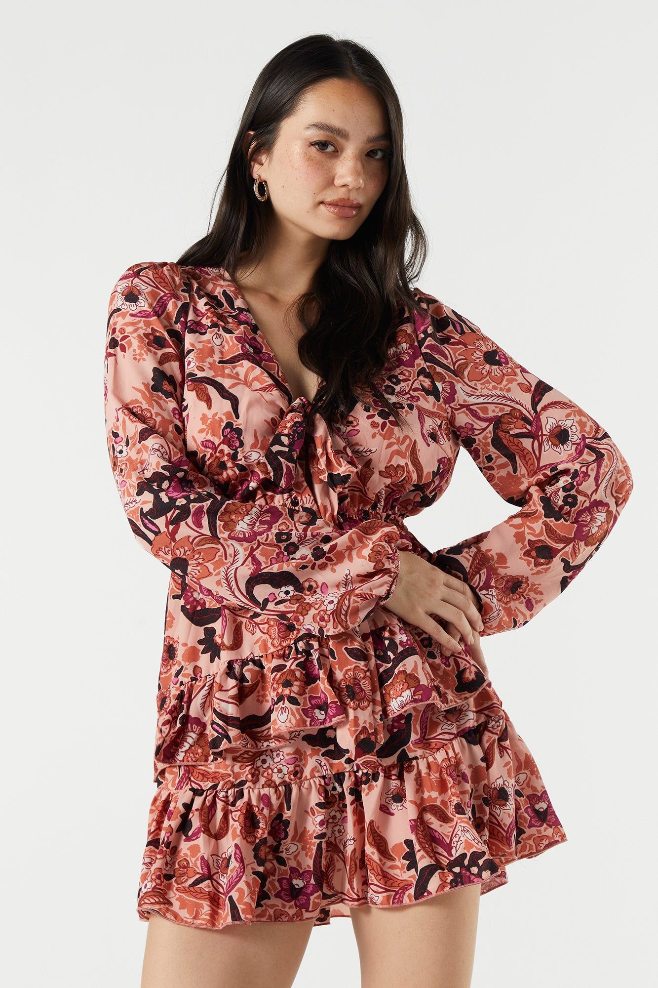 Floral Front Tie Long Sleeve Mini Dress sold by Urban Planet product image thumbnail 4