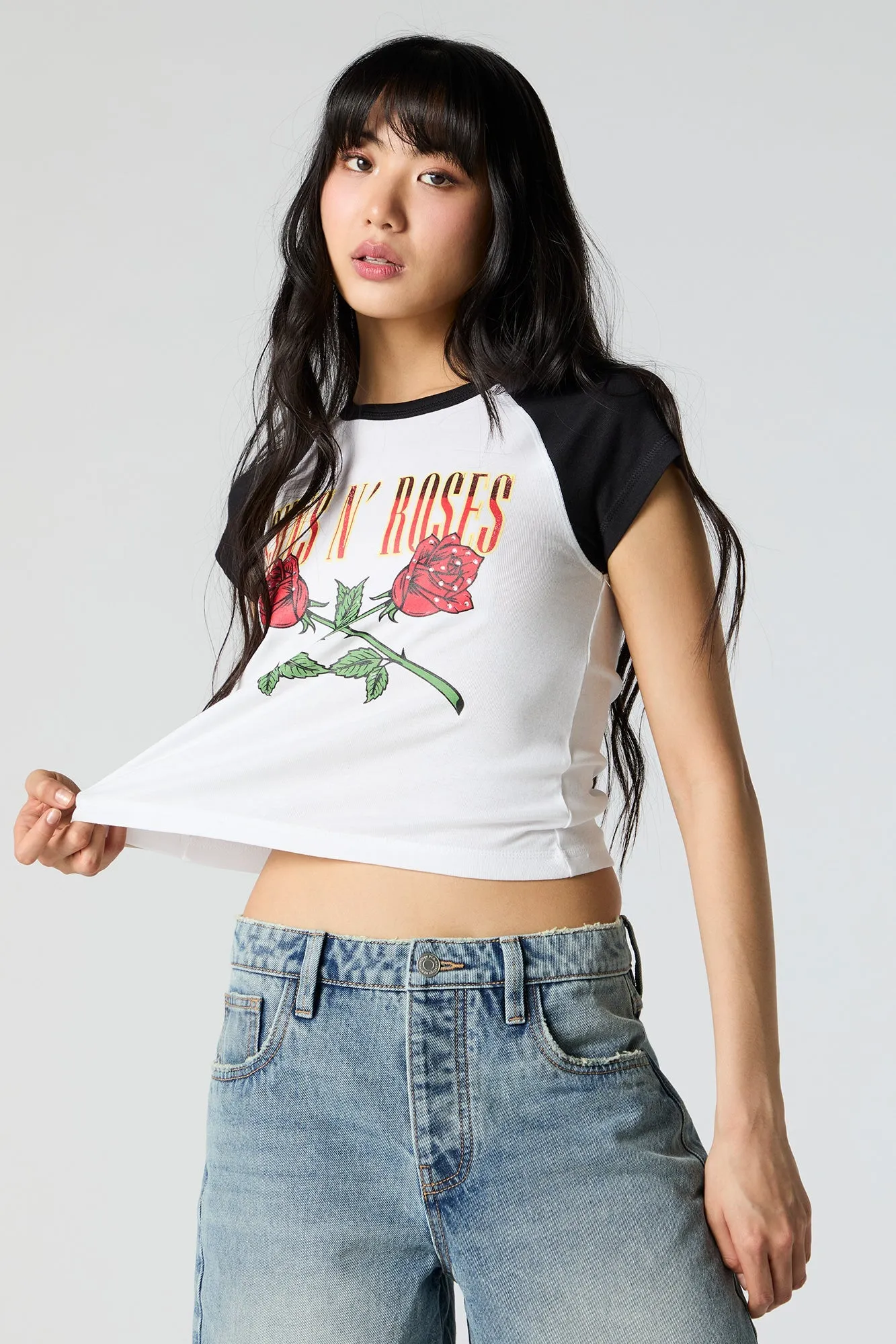 Guns n Roses Rhinestone Graphic Raglan T-Shirt sold by Urban Planet