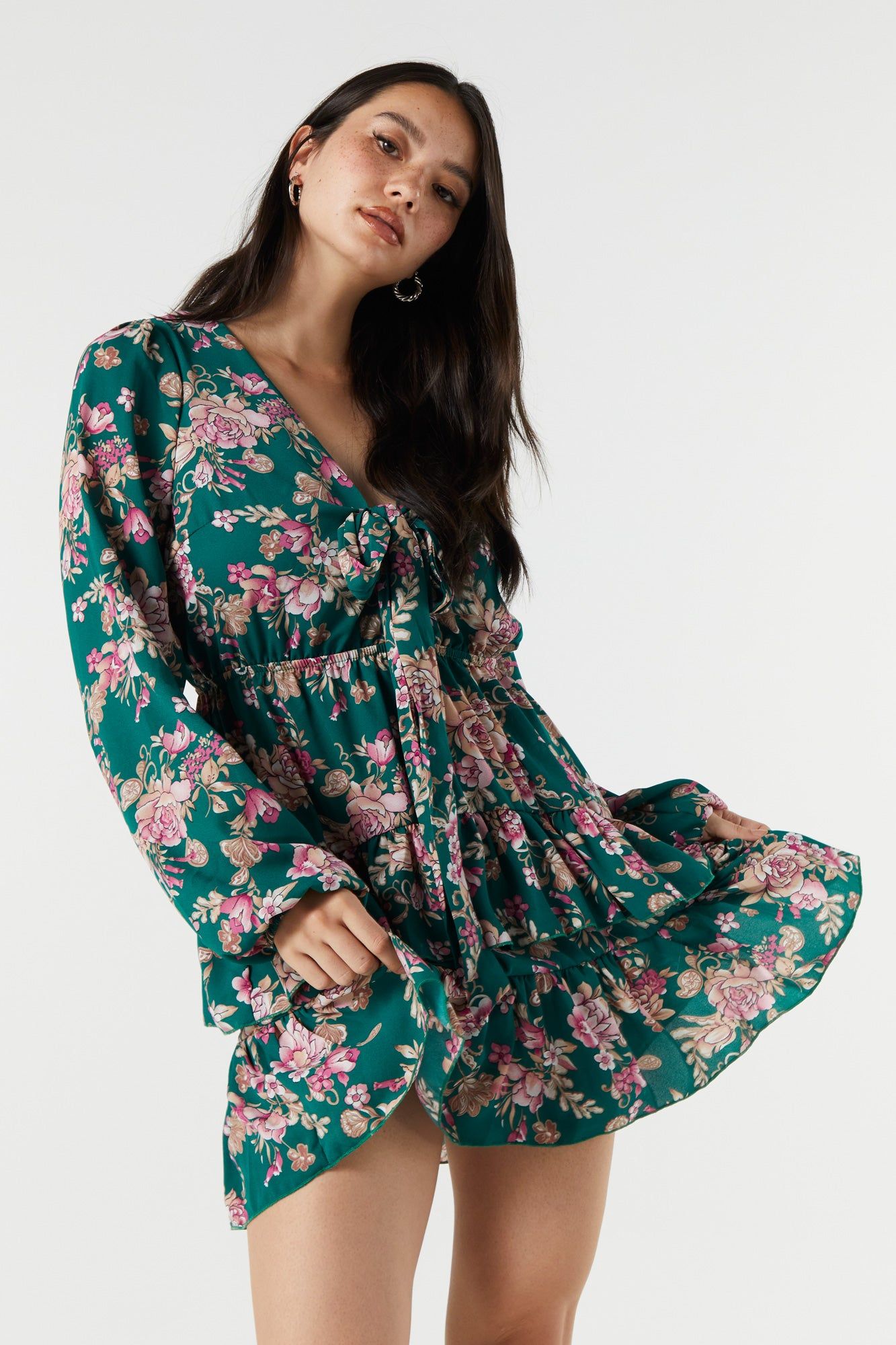 Floral Front Tie Long Sleeve Mini Dress sold by Urban Planet