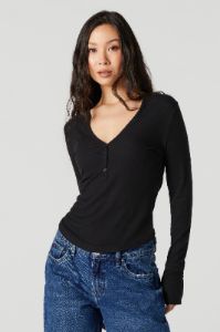 Henley V-Neck Long Sleeve Top sold by Urban Planet