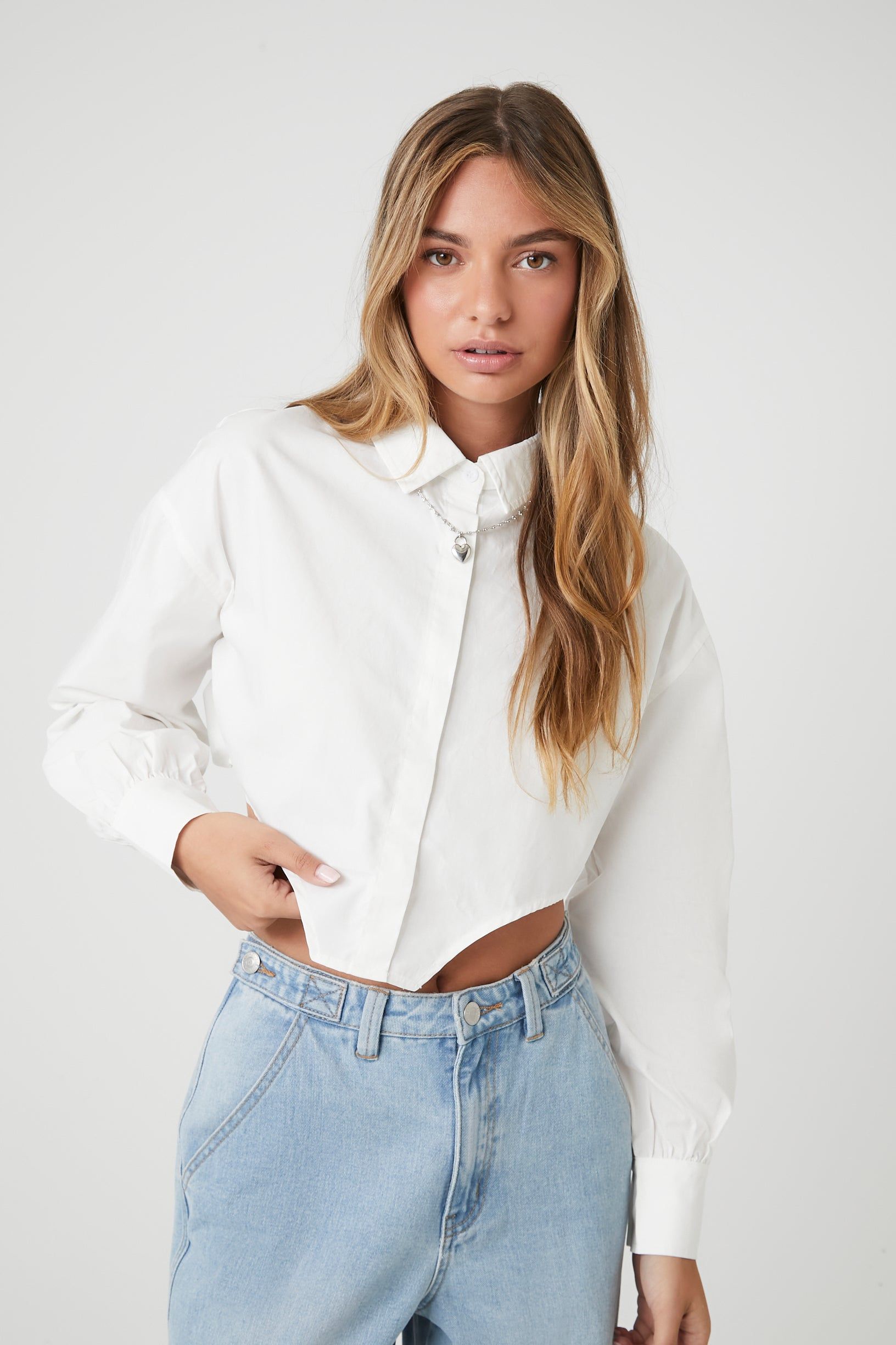 Poplin Curved Hem Button-Up Top sold by Urban Planet