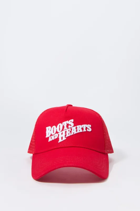Boots and Hearts Embroidered Trucker Hat sold by Urban Planet