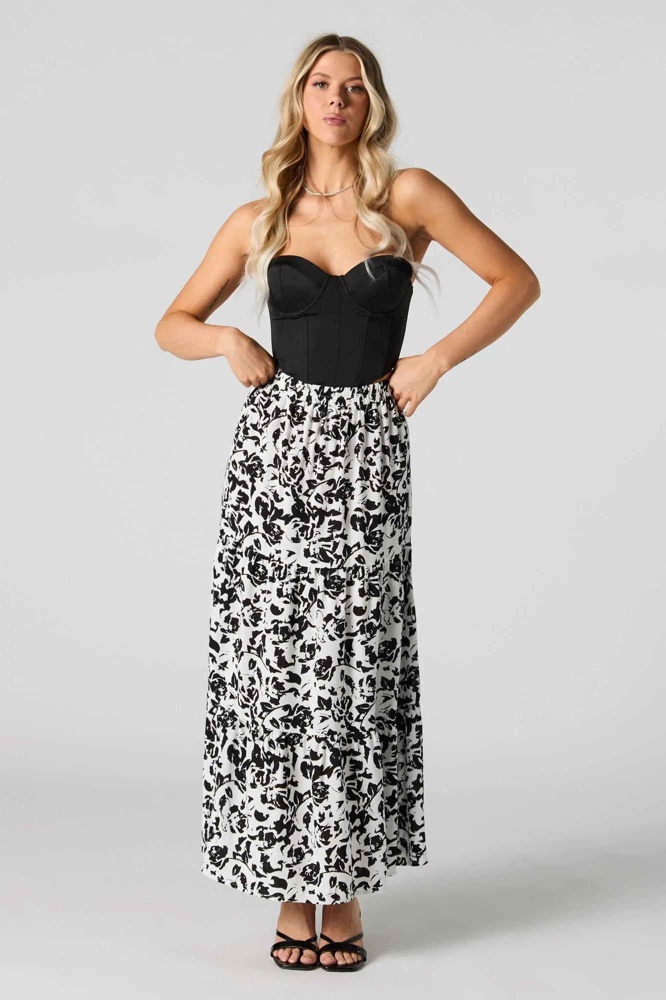 White Floral Tiered Maxi Skirt sold by Urban Planet