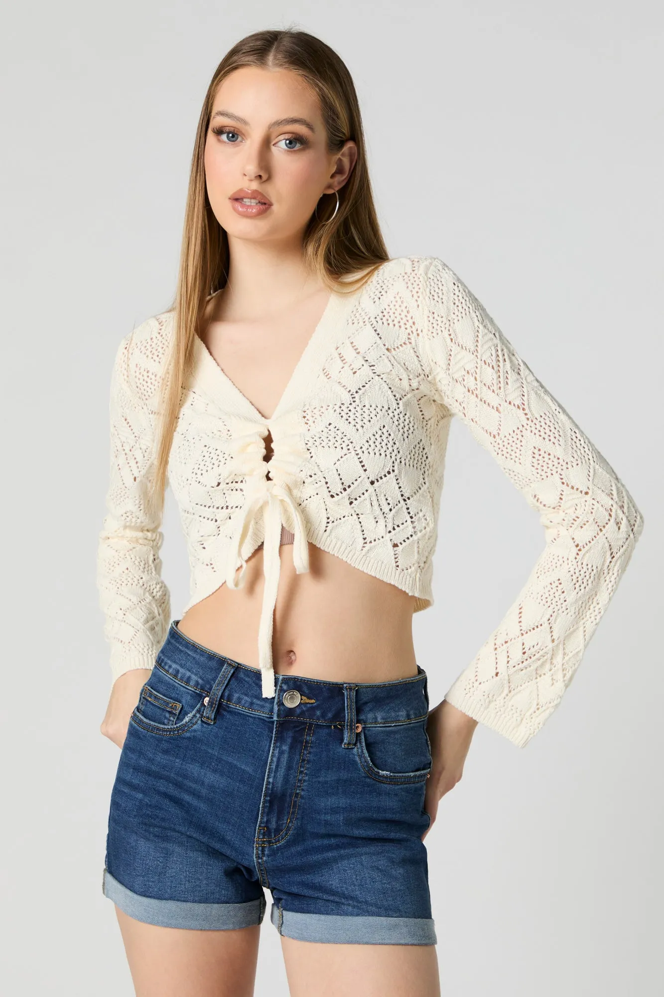 Crochet Front Tie Cropped Long Sleeve Top sold by Urban Planet product image thumbnail 4