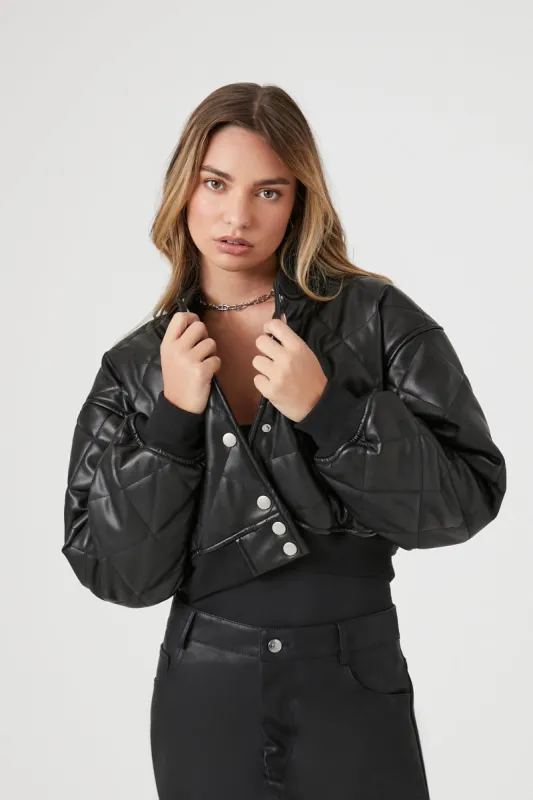 Faux Leather Cropped Bomber Jacket sold by Urban Planet
