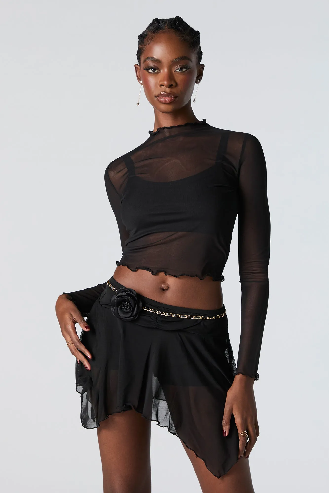 Mesh Mock Neck Lettuce Edge Long Sleeve Top sold by Urban Planet product image thumbnail 4