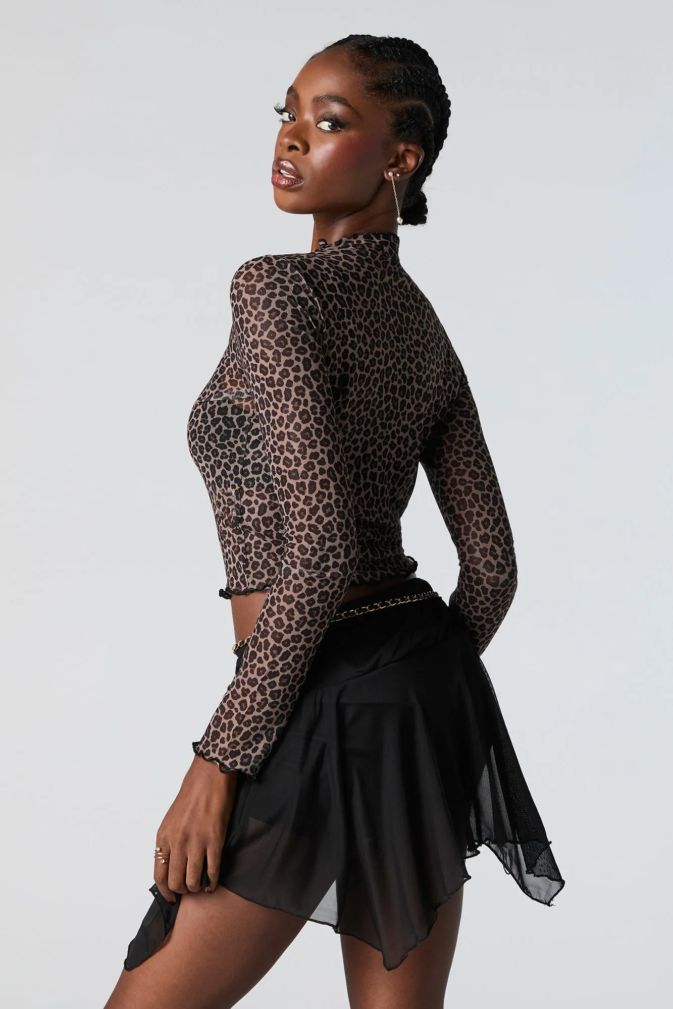 Mesh Mock Neck Lettuce Edge Long Sleeve Top sold by Urban Planet product image thumbnail 2