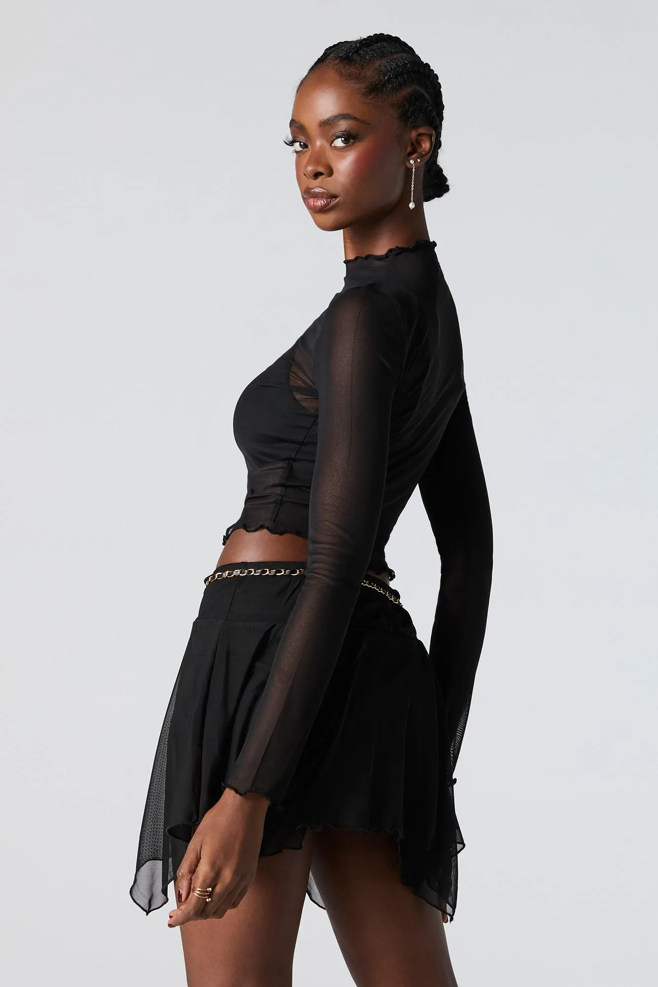 Mesh Mock Neck Lettuce Edge Long Sleeve Top sold by Urban Planet product image thumbnail 5