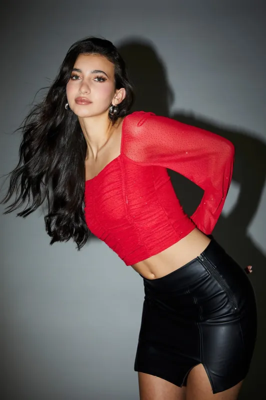 Sparkle Ruched Mesh Long Sleeve Top sold by Urban Planet