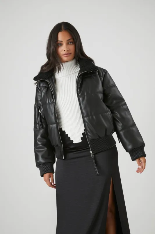 Faux Leather Zip-Up Puffer Jacket sold by Urban Planet