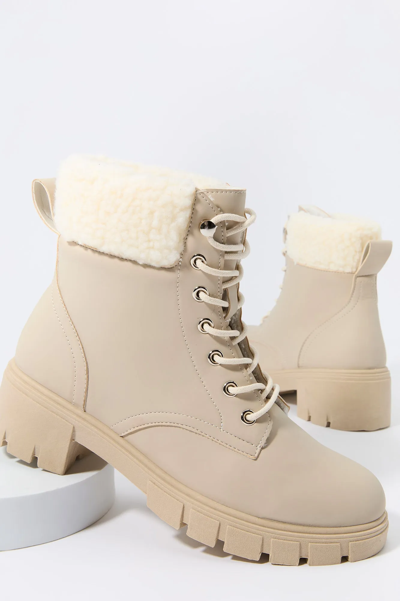 Faux Fur Collared Lace Up Lug Boot sold by Urban Planet