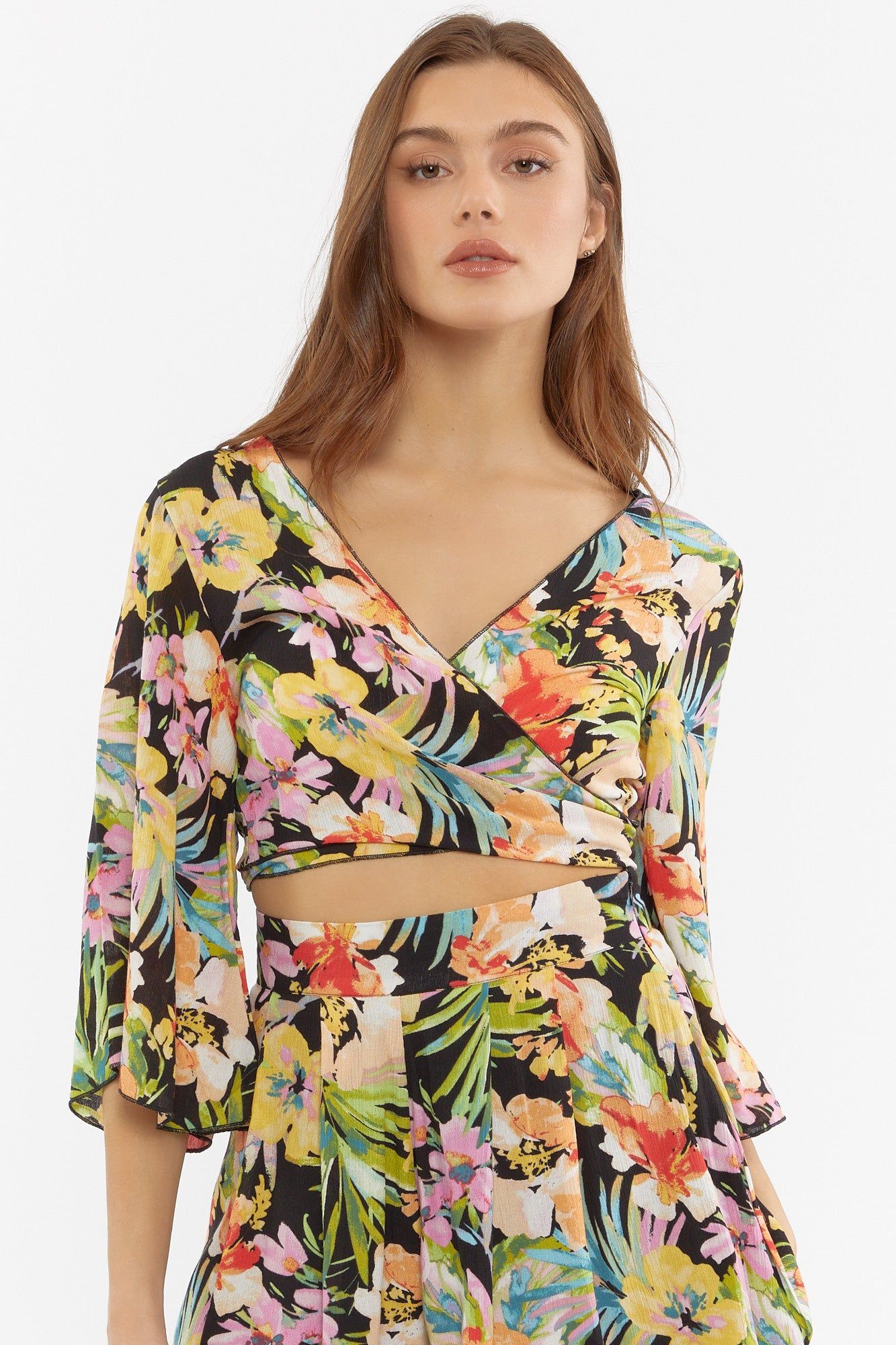 Floral Print Tie-Up Flowy Long Sleeve Crop Top sold by Urban Planet