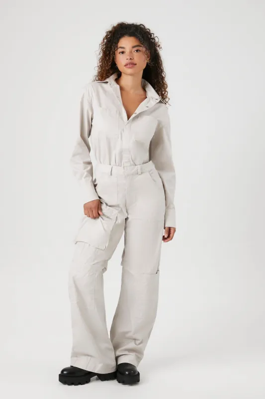 Twill Long Sleeve Jumpsuit sold by Urban Planet