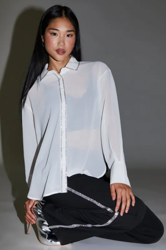 Rhinestone Trim Mesh Button-Up Top sold by Urban Planet