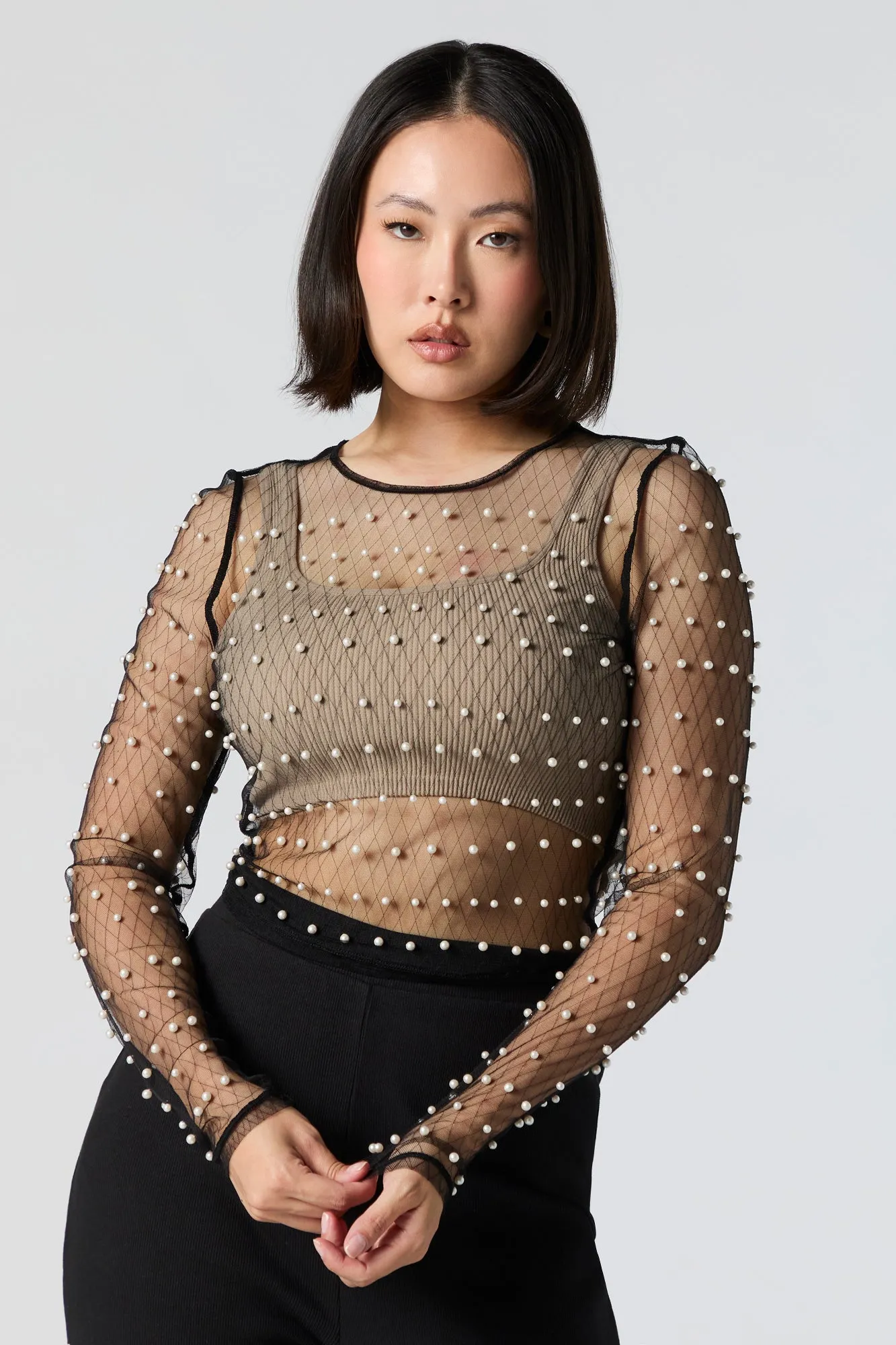 Faux Pearl Mesh Long Sleeve Crop Top sold by Urban Planet product image thumbnail 5