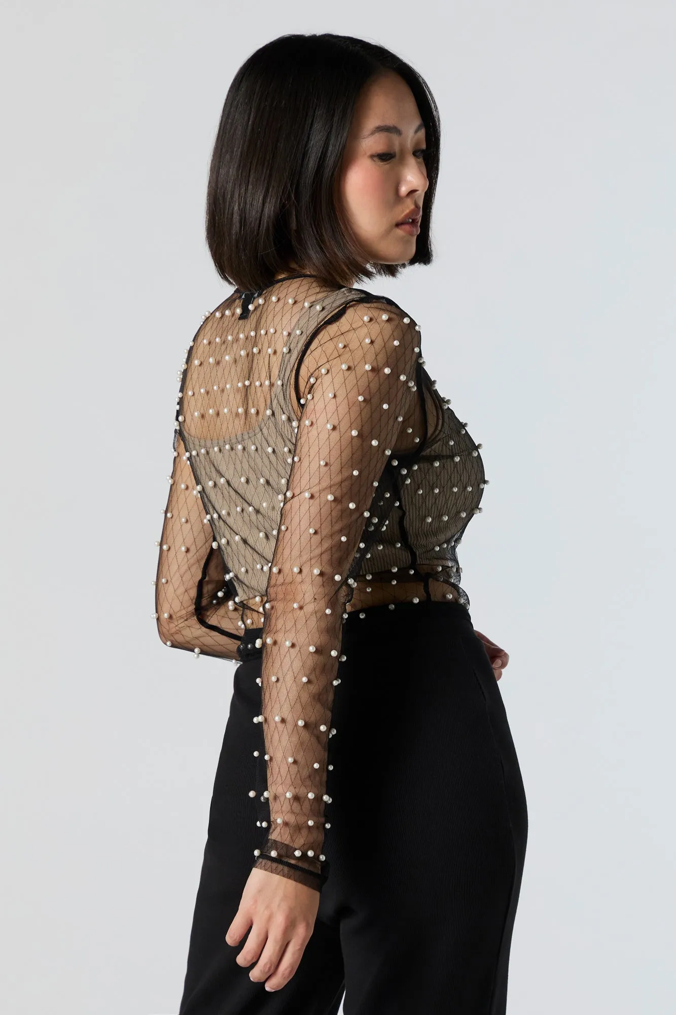 Faux Pearl Mesh Long Sleeve Crop Top sold by Urban Planet product image thumbnail 2