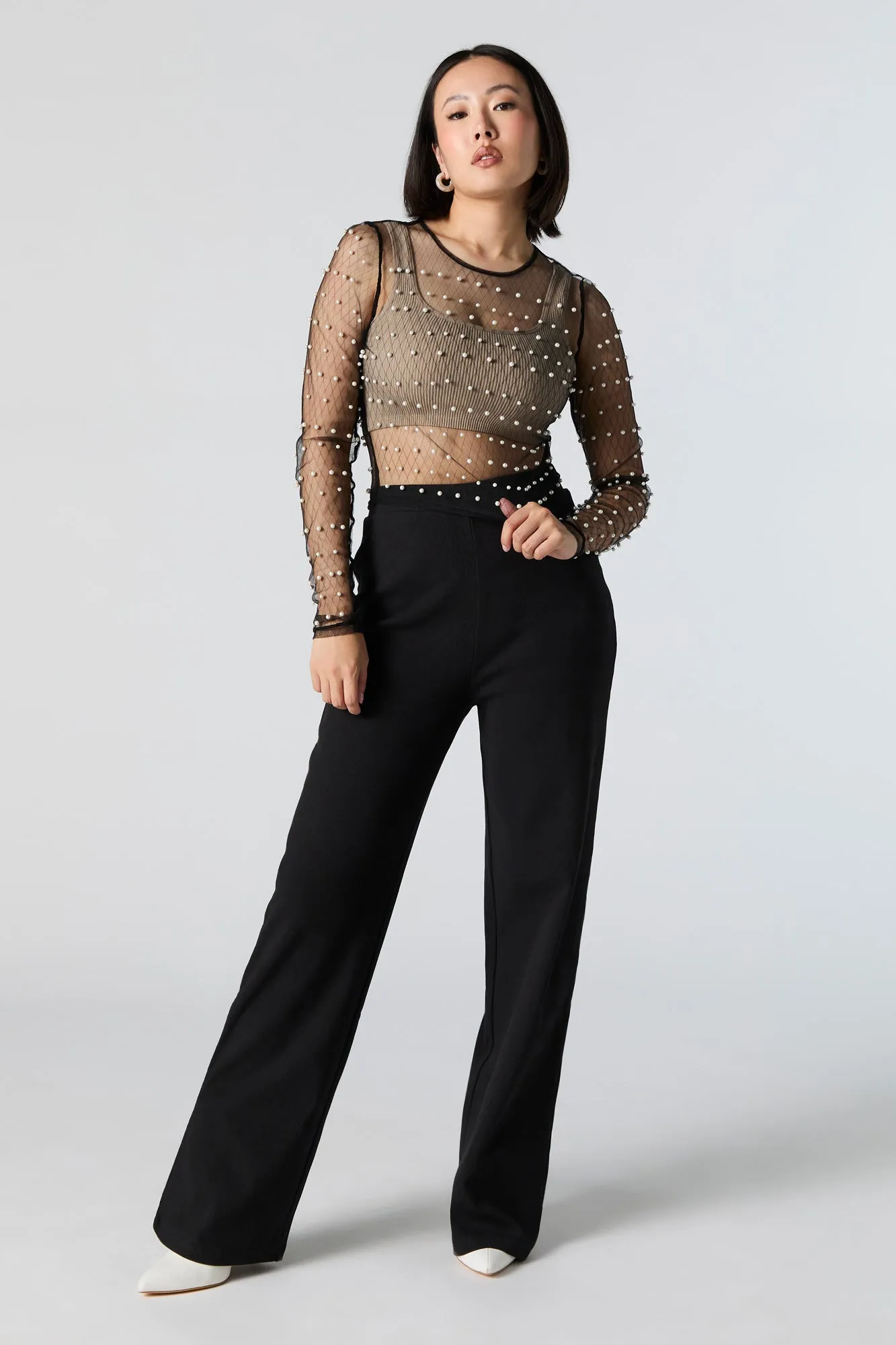 Faux Pearl Mesh Long Sleeve Crop Top sold by Urban Planet product image thumbnail 3