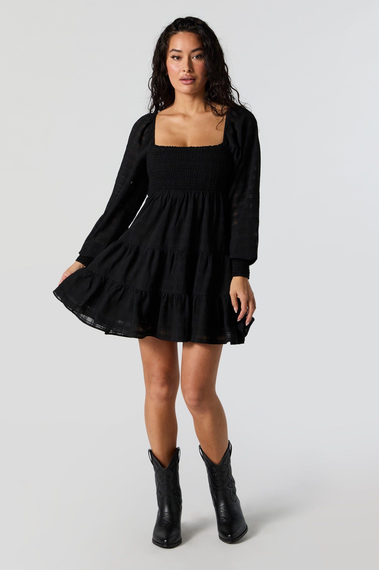 Smocked Tiered Long Sleeve Mini Dress sold by Urban Planet product image thumbnail 3