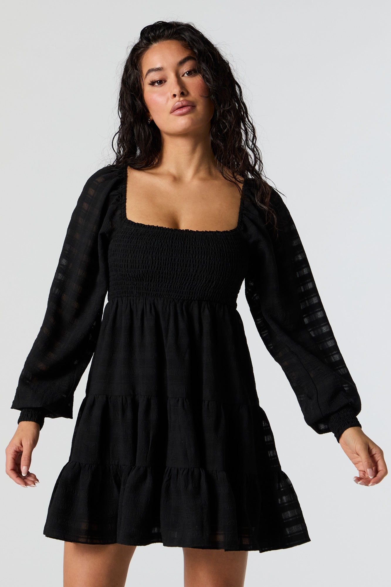 Smocked Tiered Long Sleeve Mini Dress sold by Urban Planet