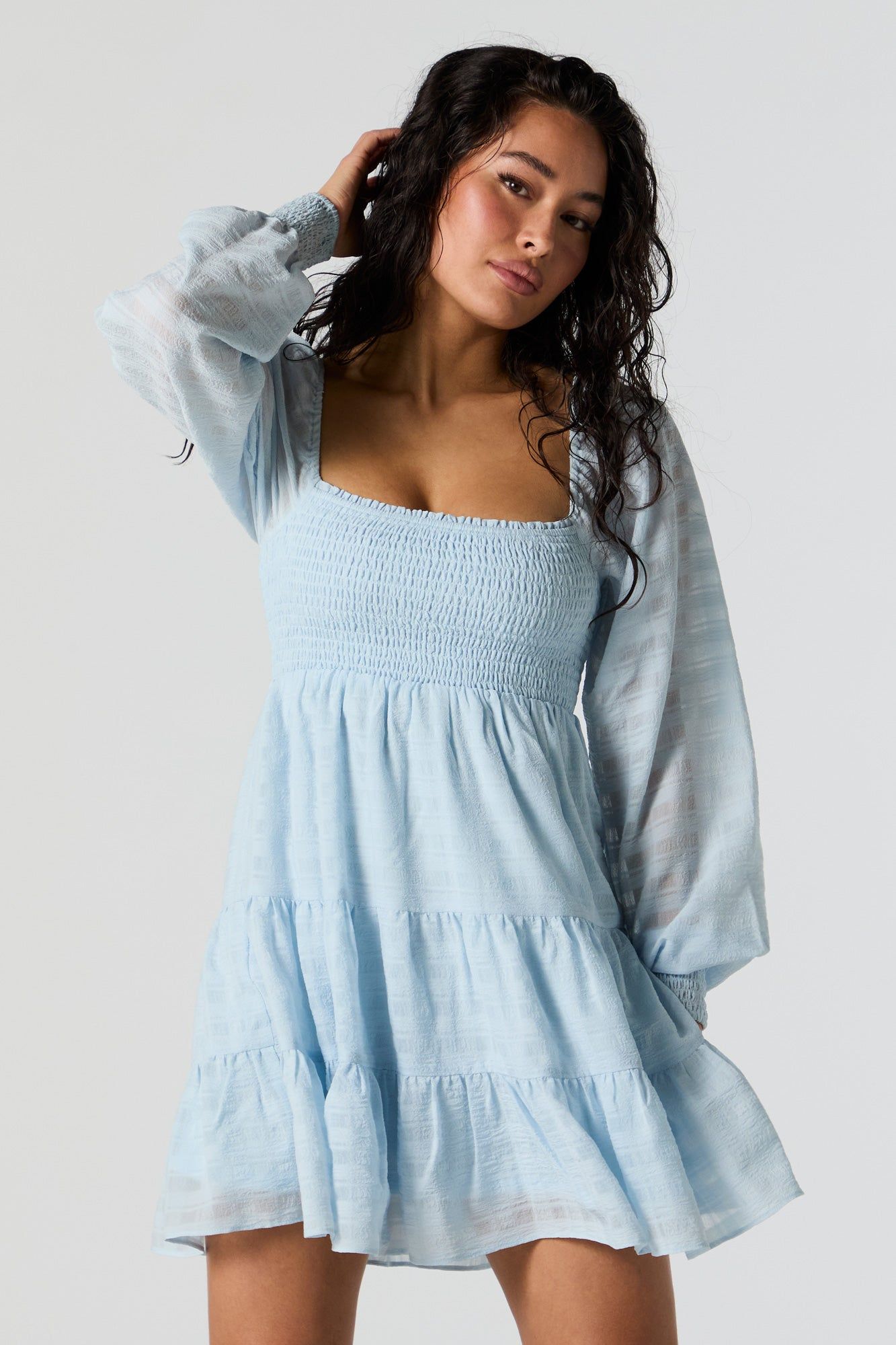 Smocked Tiered Long Sleeve Mini Dress sold by Urban Planet product image thumbnail 4
