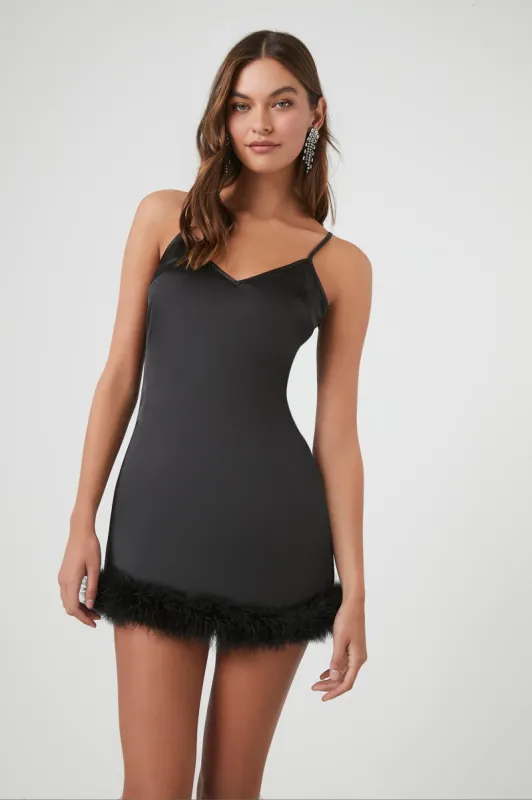 Faux Feather Satin Slip Dress sold by Urban Planet