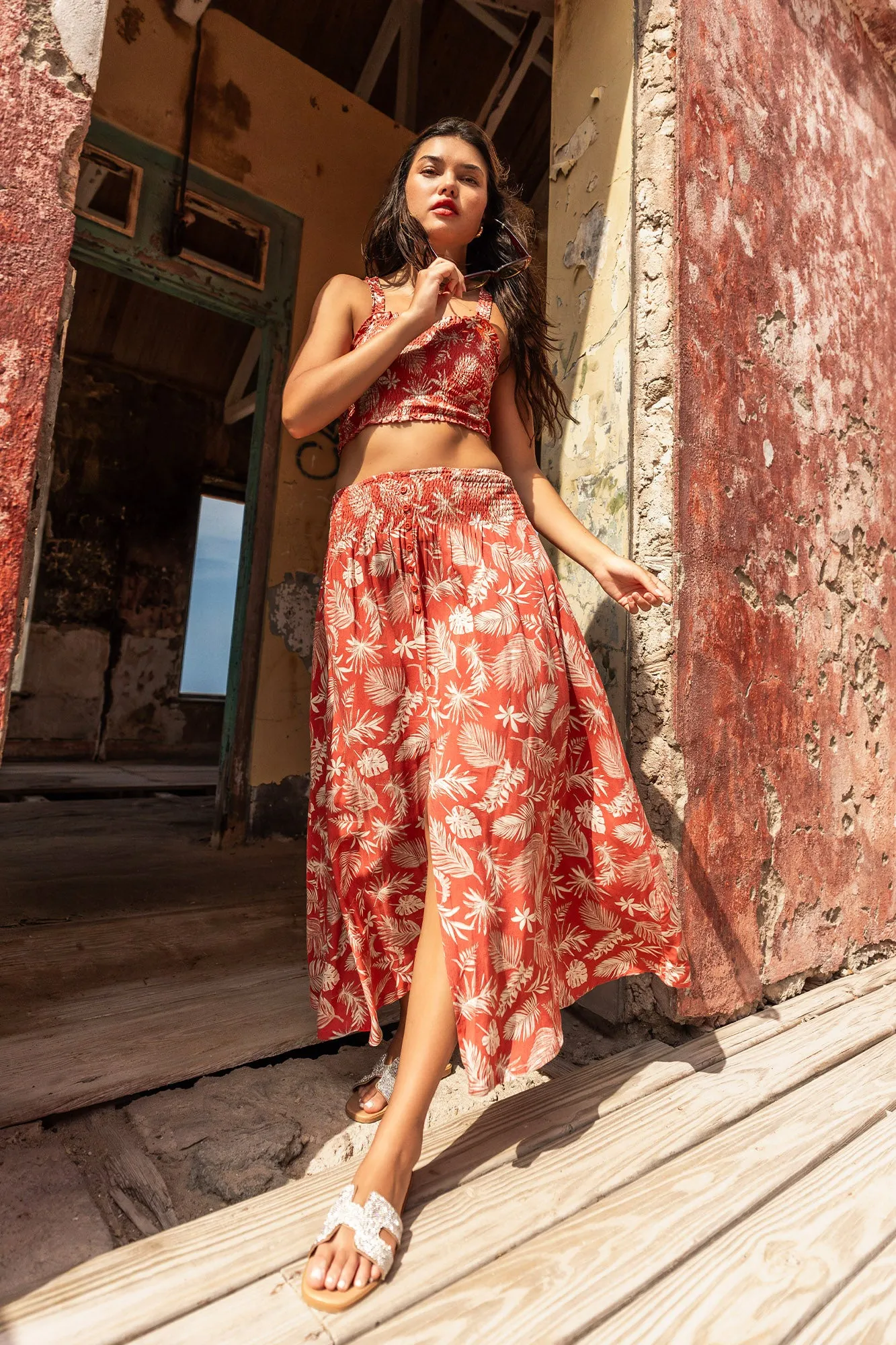 Leaf Print Buttoned Maxi Skirt sold by Urban Planet