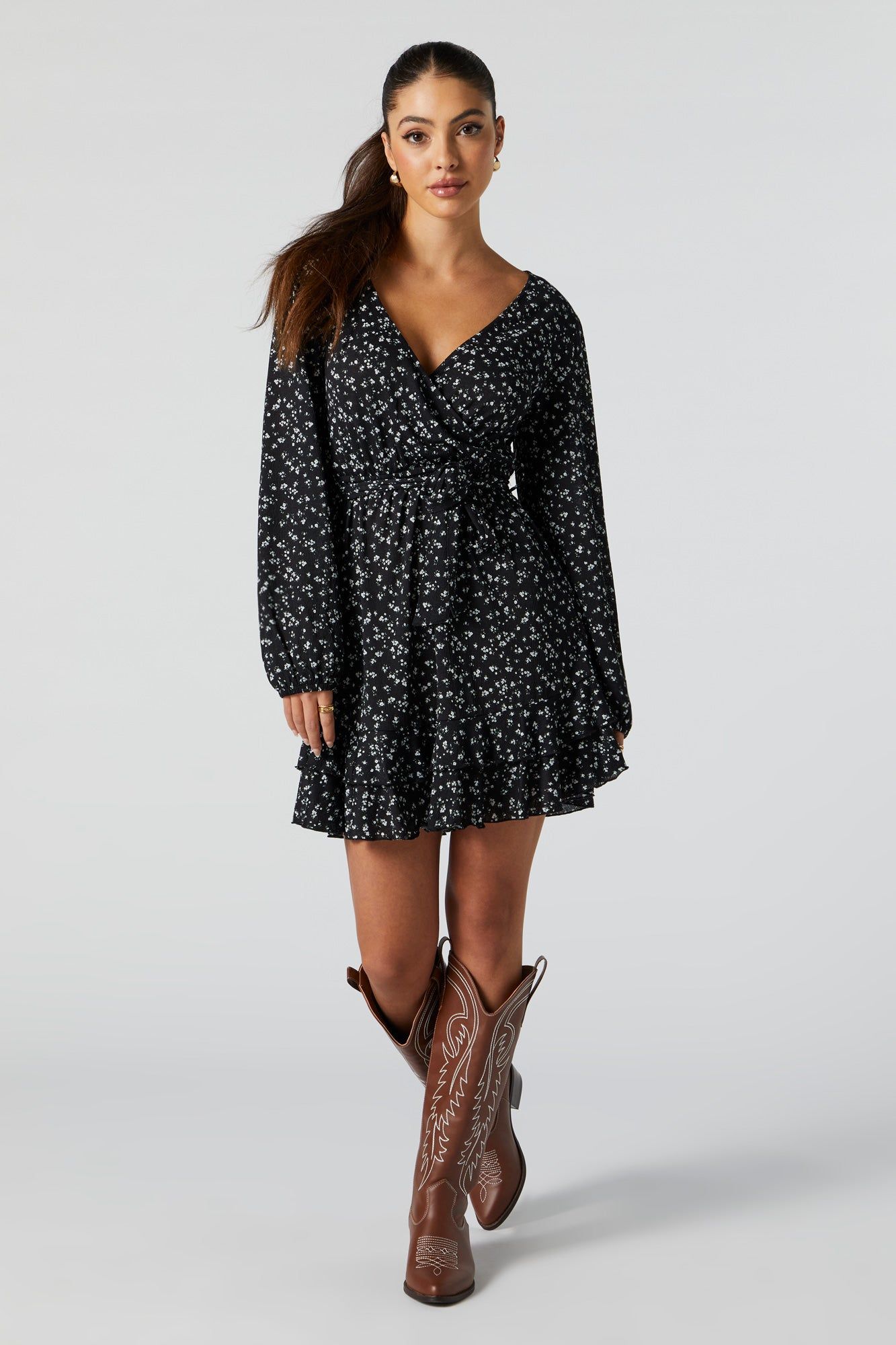 Black Floral Surplice Front Tie Mini Dress sold by Urban Planet product image thumbnail 3