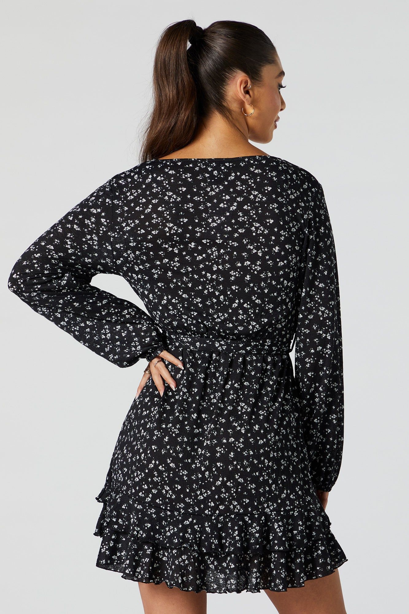 Black Floral Surplice Front Tie Mini Dress sold by Urban Planet product image thumbnail 2