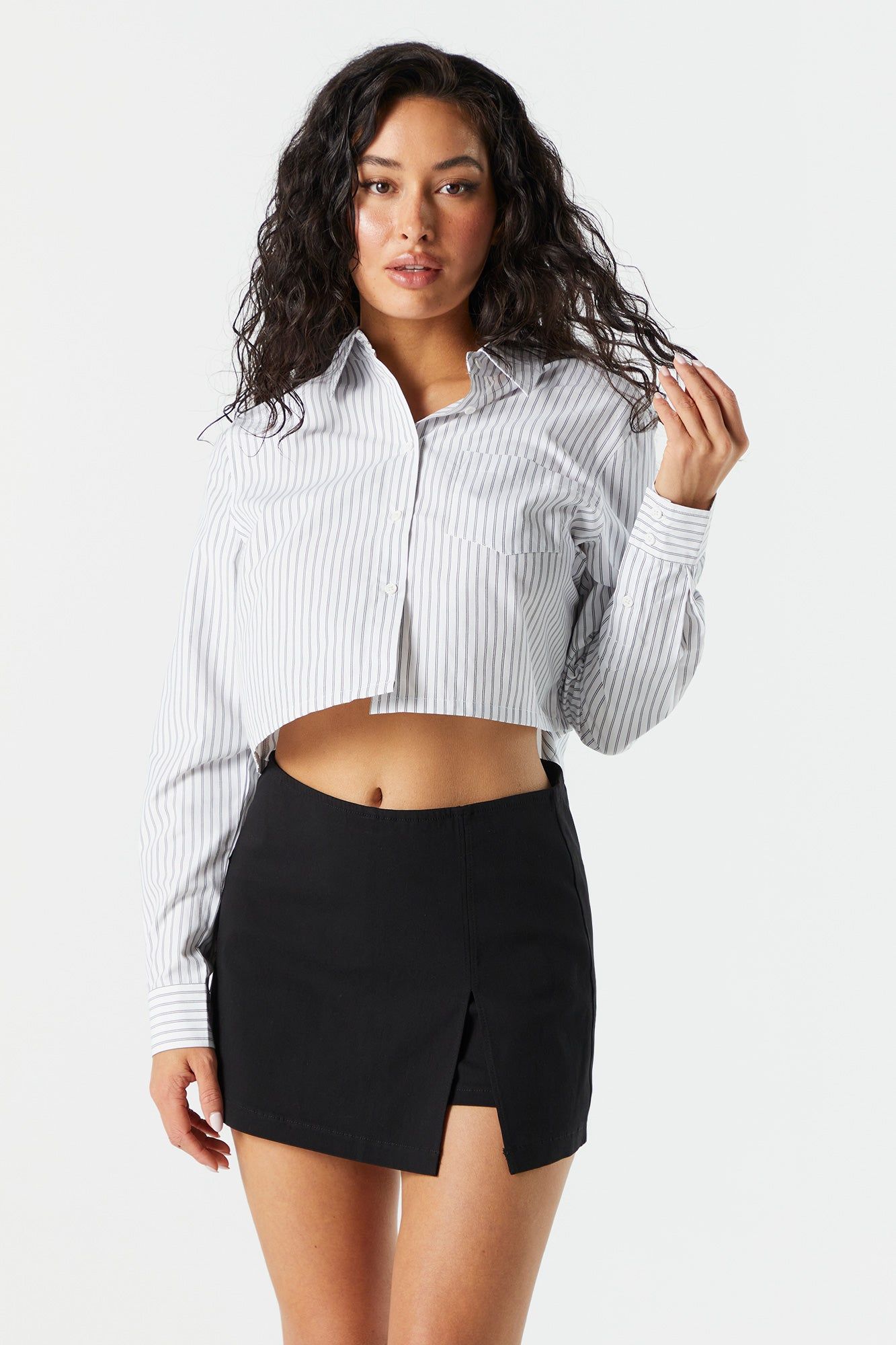Striped Poplin Cropped Button-Up Shirt sold by Urban Planet