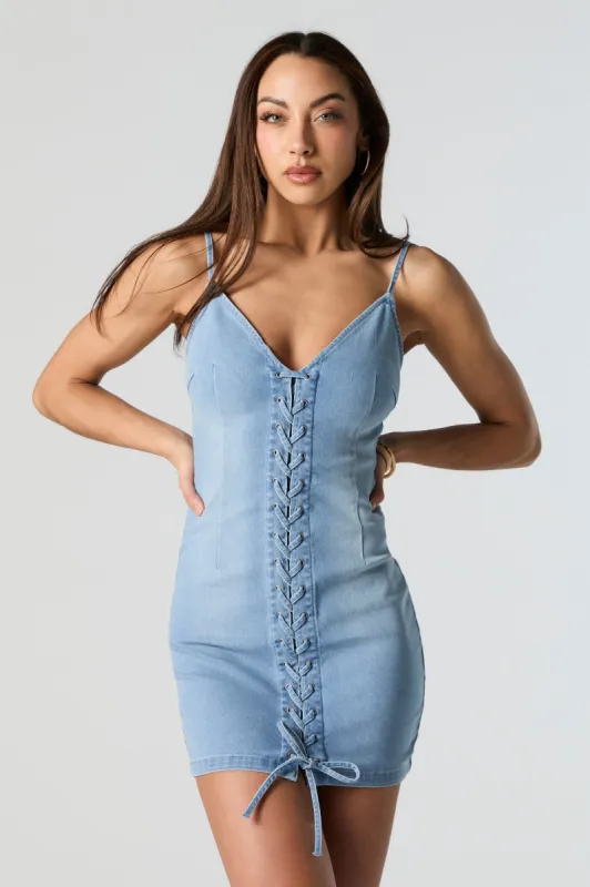 Denim Lace Up Mini Dress sold by Urban Planet