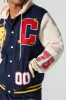Melted Smiley Embroidered Fleece Varsity Jacket sold by Urban Planet