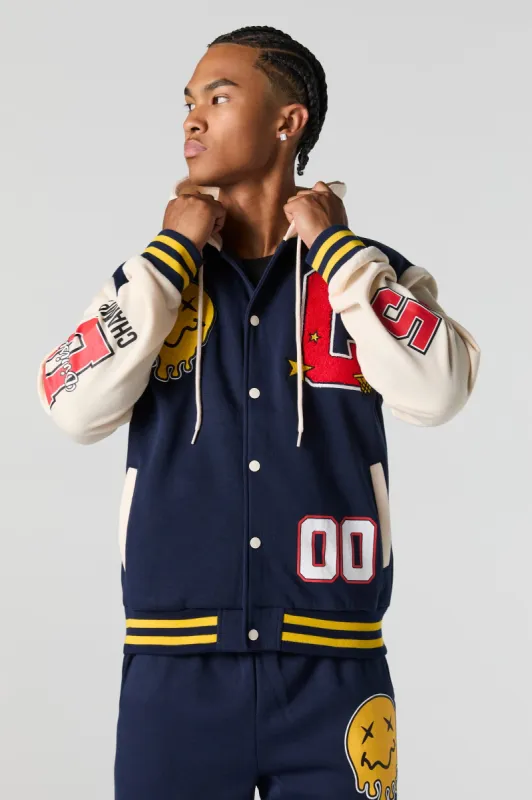 Melted Smiley Embroidered Fleece Varsity Jacket sold by Urban Planet