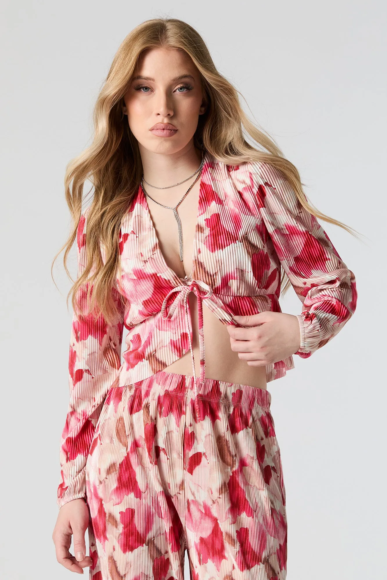 Textured Floral Print Front Tie Long Sleeve Top sold by Urban Planet product image thumbnail 4